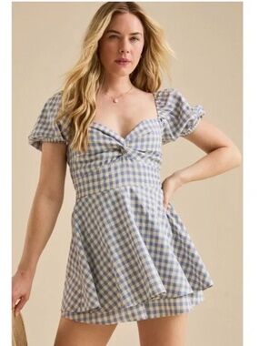 NWT Altar'd State Elara Blue & Ivory Babydoll Gingam Puff Sleeve Romper Size Med
